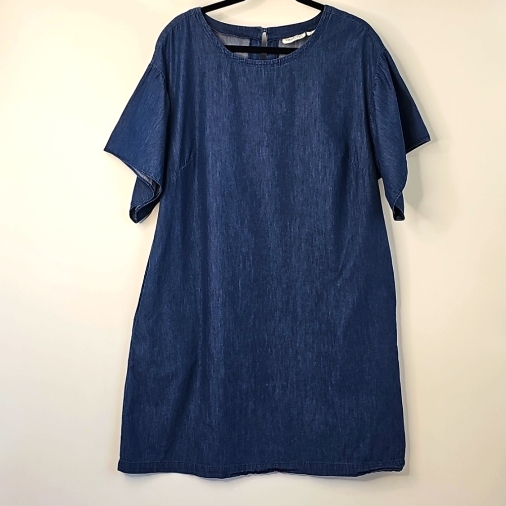 Westport Blue Denim A-line Liteweight Dress Short Flutter Sleeves SidePockets XL - Picture 9 of 9